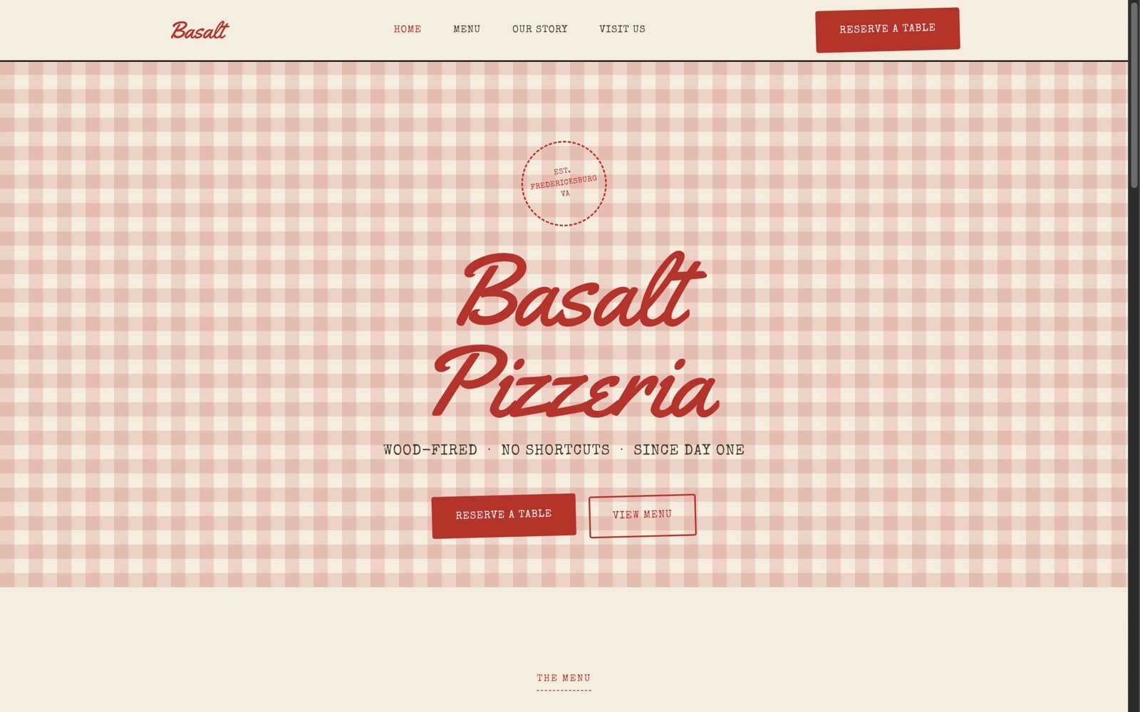 Homepage of the Basalt Pizzeria concept build