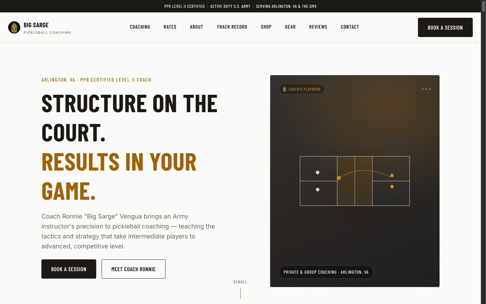 Homepage of the Big Sarge Pickleball coaching website