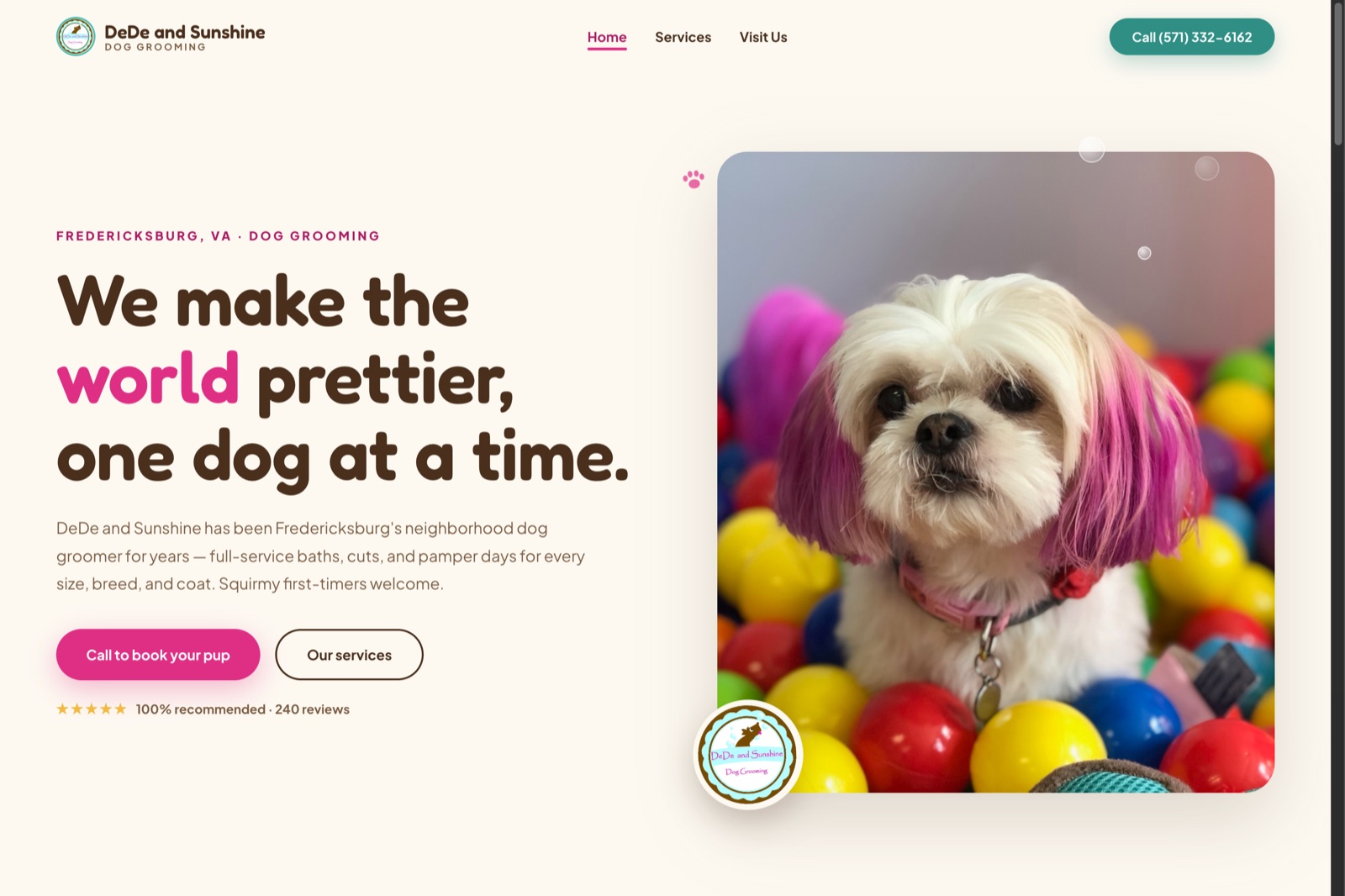 Homepage of the DeDe & Sunshine dog grooming website