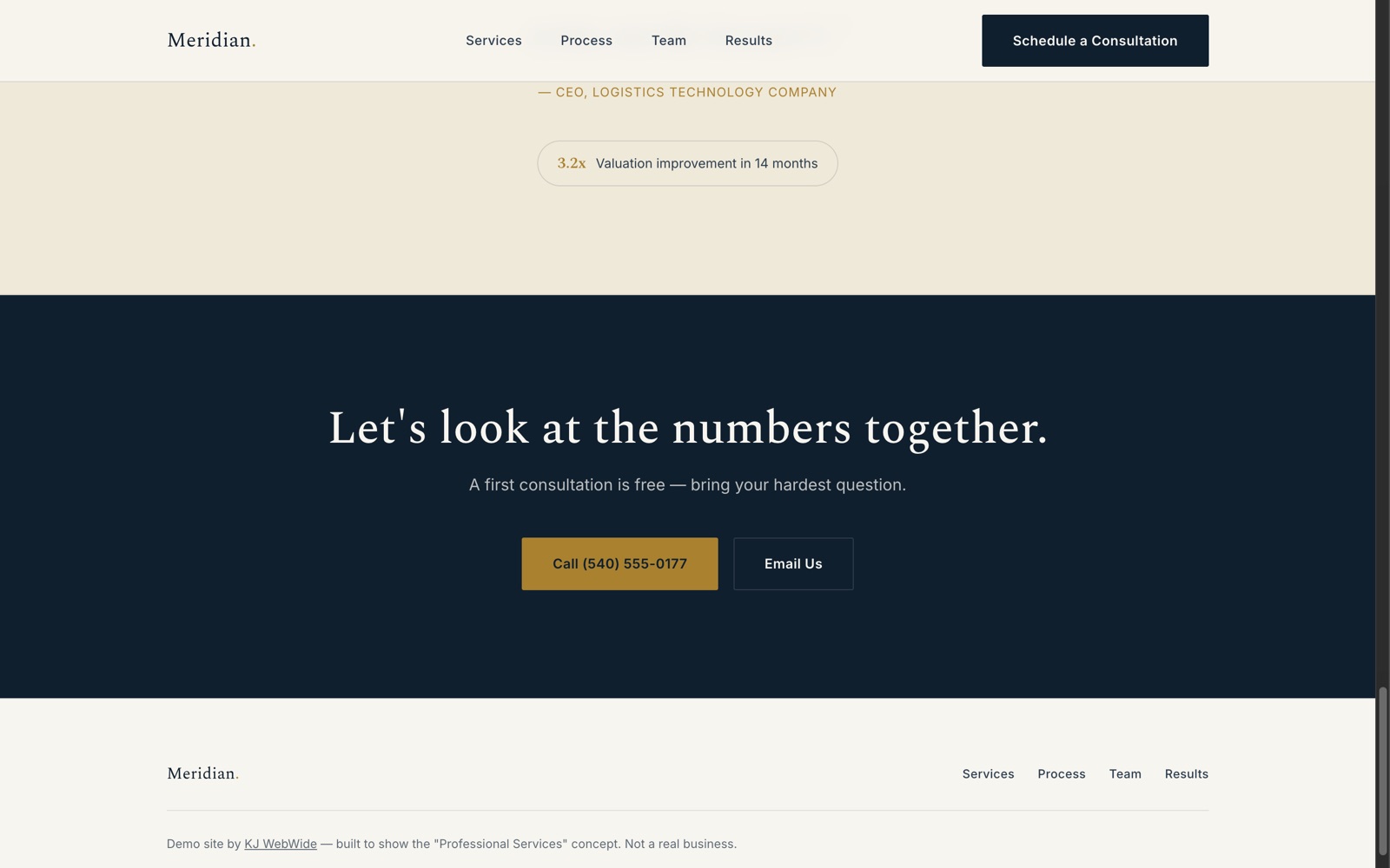 Homepage of the Meridian Partners concept build