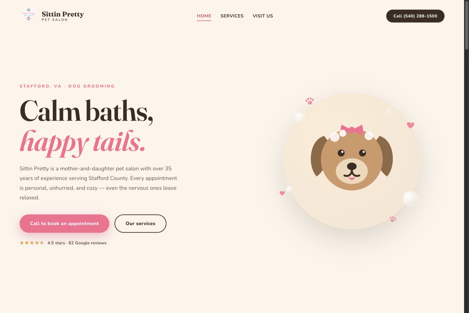Homepage of the Sittin Pretty pet salon website, currently in progress
